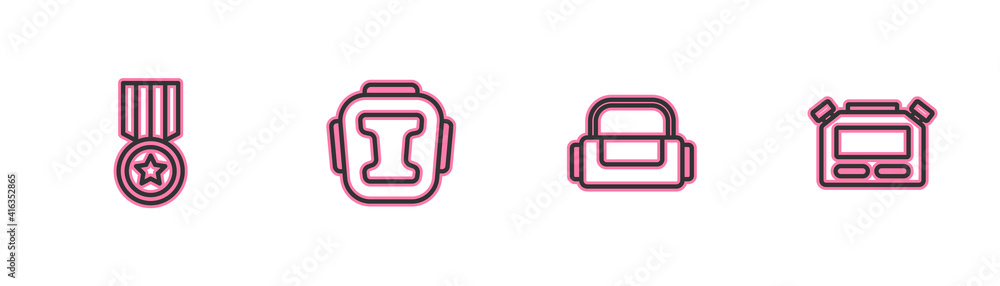 Set line Medal, Sport bag, Boxing helmet and Stopwatch icon. Vector. Set line Medal, Sport bag, Boxing helmet and Stopwatch icon. Vector.