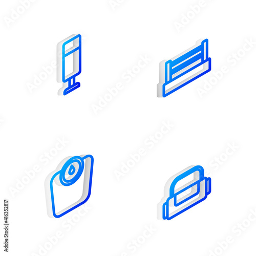 Set Isometric line Boxing ring, Punching bag, Bathroom scales and Sport icon. Vector. © vector_v