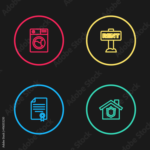 Set line House contract, with shield, Hanging sign Rent and Washer icon. Vector.
