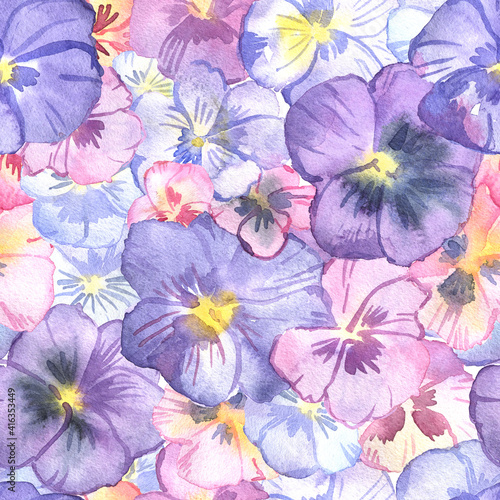 Beautiful watercolor floral seamless pattern. Pansy flowers.