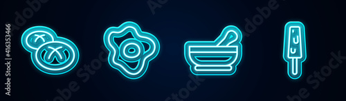 Set line Bread loaf, Scrambled eggs, Mortar and pestle and Ice cream. Glowing neon icon. Vector.