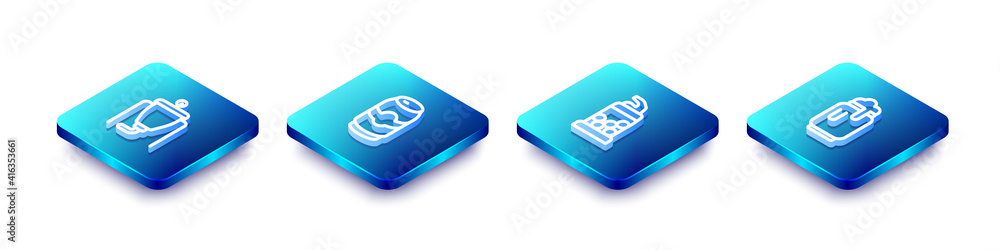 Set Isometric line Beer brewing process, can, Bottle opener and with foam icon. Vector. Set Isometric line Beer brewing process, can, Bottle opener and with foam icon. Vector.