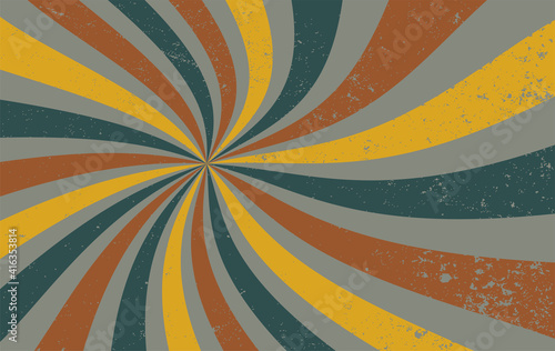 retro starburst sunburst background pattern and grunge textured vintage color palette of fortuna gold, yellow, blue gray and rust red in spiral or swirled radial striped design