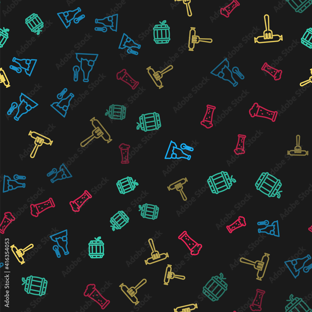 Set line Cold beer bottle, Wooden barrel on rack, Sausage the fork and Glass of on seamless pattern. Vector. Set line Cold beer bottle, Wooden barrel on rack, Sausage the fork and Glass of on seamless pattern. Vector.