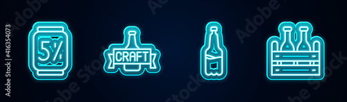 Set line Beer can, bottle, Plastic beer and Pack of bottles. Glowing neon icon. Vector.