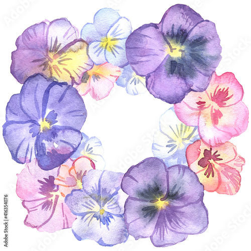 Pancy flowers round wreath. Watercolor hand-painted illustration.