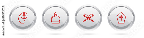 Set line Cross ankh, Muslim Mosque, Holy book of Koran and Pope hat. Silver circle button. Vector.