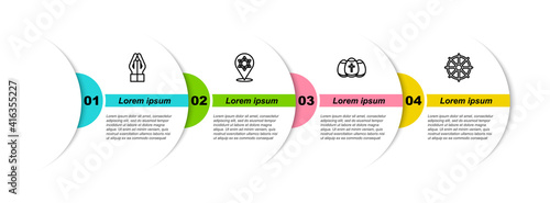 Set line Hands in praying position, Star of David, Easter egg and Dharma wheel. Business infographic template. Vector.