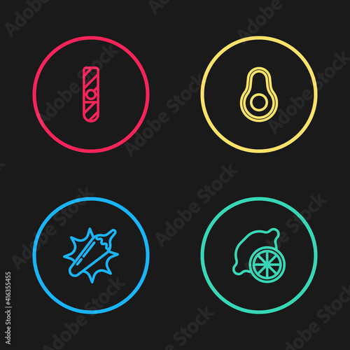 Set line Hot chili pepper pod, Lemon, Avocado fruit and Cigar icon. Vector.