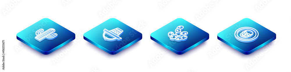Set Isometric line Cactus, Mexican sombrero, and skull coin icon. Vector. Set Isometric line Cactus, Mexican sombrero, and skull coin icon. Vector.