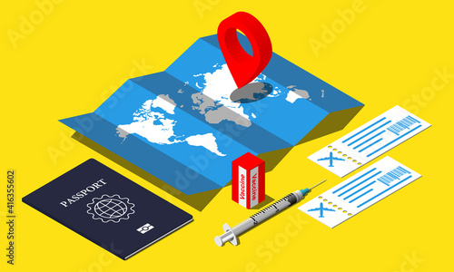 Safe travel in a pandemic vector isometric concept. Vaccination certificate illustration.