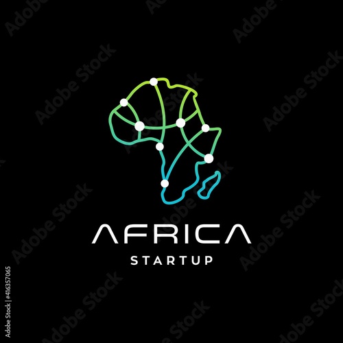 africa continent map technology network logo design in trendy line outline and dots minimal modern style
