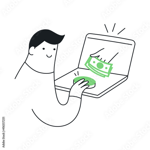 Remote job, freelance, receiving money via the Internet. Cute cartoon man receiving dollars through the computer monitor. Thin line elegance vector illustration on white.
