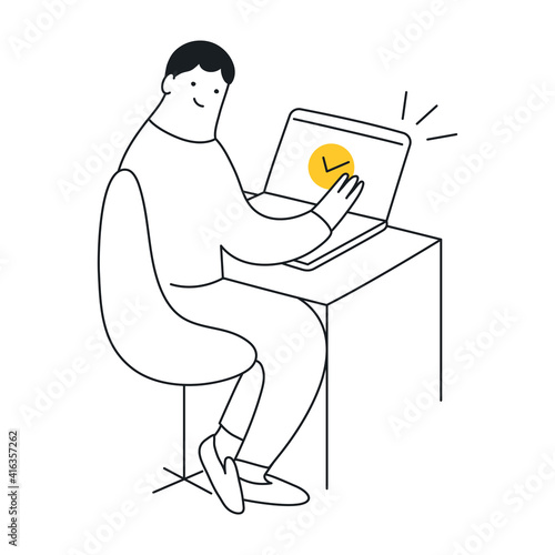 Remote job, job done well, do work via the Internet. Cute cartoon businessman finished the task, receive approval on the computer monitor. Thin line elegance vector illustration on white.