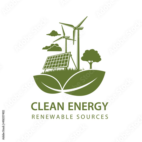 renewable energy icon with wind turbine and solar panel isolated on white background