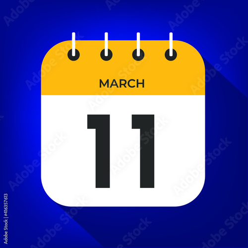 March day 11. Number eleven on a white paper with yellow color border on a blue background vector.