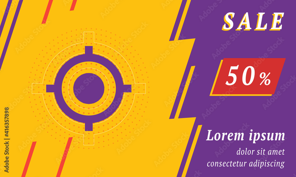 Sale promotion banner with place for your text. On the left is the crosshair symbol. Promotional text with discount percentage on the right side. Vector illustration on yellow background