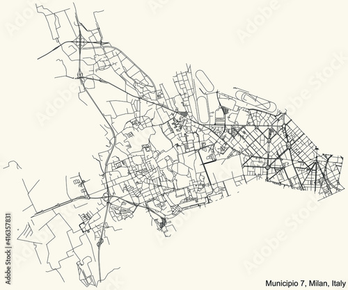 Black simple detailed street roads map on vintage beige background of the quarter Municipio 7 Zone of Milan, Italy (Baggio, De Angeli, San Siro)