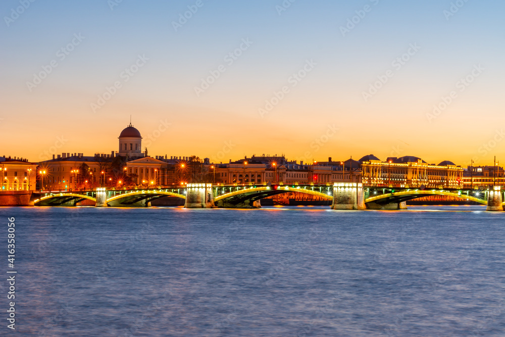 Exchange (Birzhevoy) Bridge in Saint Petersburg at sunset, Russia