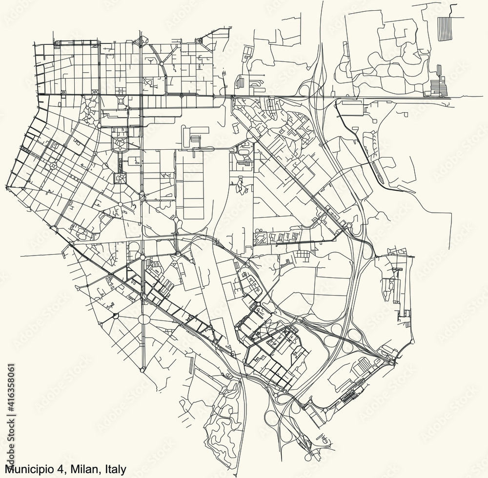 Fototapeta premium Black simple detailed street roads map on vintage beige background of the quarter Municipio 4 Zone of Milan, Italy (Porta Vittoria, Forlanini)