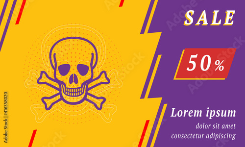 Sale promotion banner with place for your text. On the left is the skull. Promotional text with discount percentage on the right side. Vector illustration on yellow background