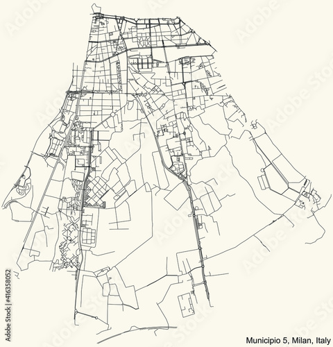 Black simple detailed street roads map on vintage beige background of the quarter Municipio 5 Zone of Milan, Italy (Vigentino, Chiaravalle, Gratosoglio)