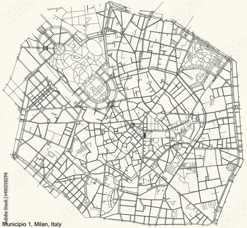 Black simple detailed street roads map on vintage beige background of the quarter Municipio 1 Zone of Milan, Italy (Centro storico)