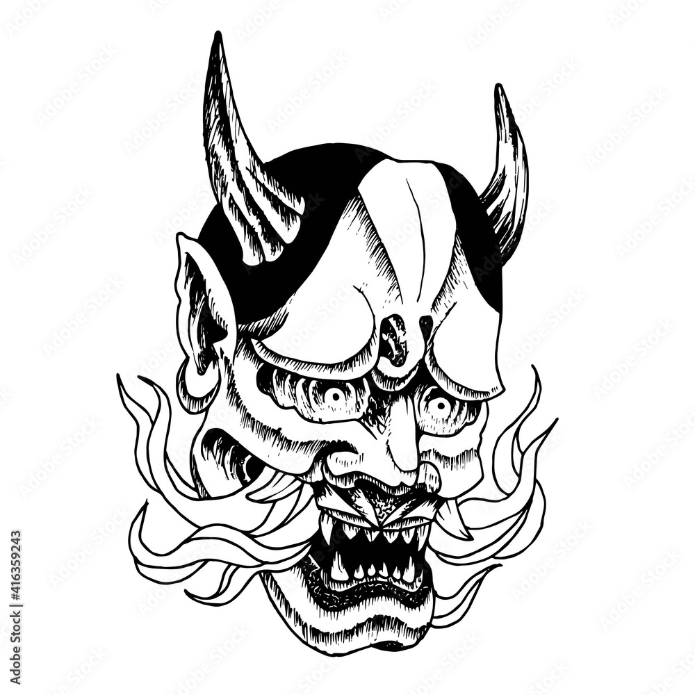 Máscara de demonio japonés dibujado a mano ilustración de Stock | Adobe  Stock