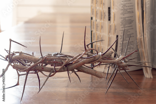 Crown of thorns and bible on wood