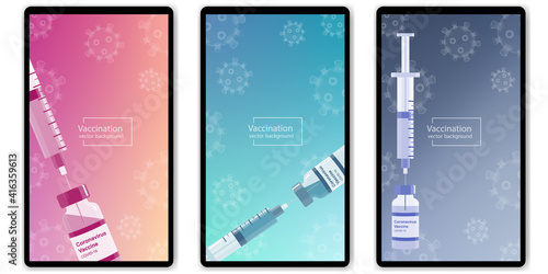 Coronavirus vaccination vertical banner set with covid-19 vaccine bottle, syringe and macro virus cells. Vector red, green, blue background, web template, social media stories, mobile app screens.