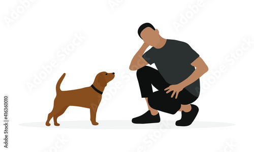 Male character squatting next to dog on white background