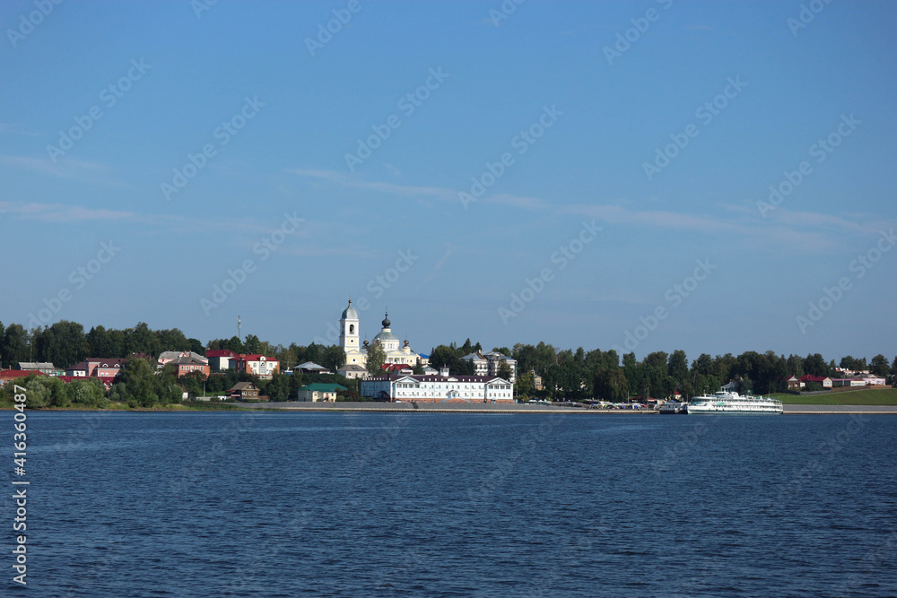 View to center of old russian town Myshkin from Volga river