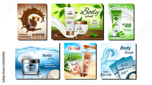 Scrub Cosmetics Creative Promo Posters Set Vector. Blank Packages Scrub With Natural Ingredients Sea Salt, Aloe Vera And Coffee Beans Collection Advertise Banners. Style Concept Template Illustrations