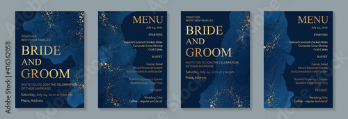 Modern abstract luxury wedding invitation design or card templates for birthday greeting or certificate or cover with navy blue watercolor waves or fluid art in alcohol ink style with golden glitter.