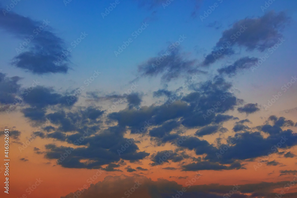 Blue and orange sunset sky background.