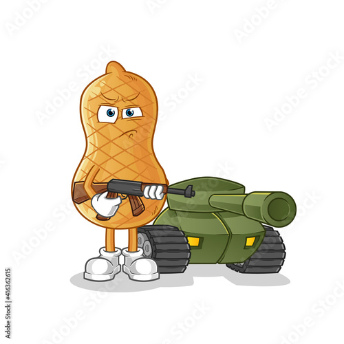 peanut soldier with tank character. cartoon mascot vector