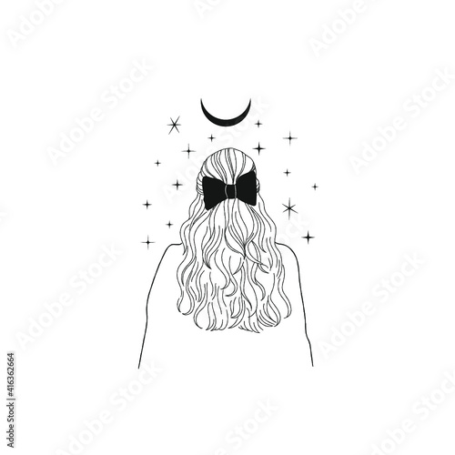 Magical beautiful girl with long hair and a bow. Magic line illustration in boho style for poster or logo.