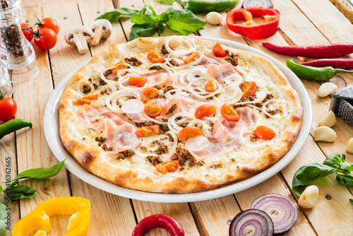 pizza with meat and vegetables