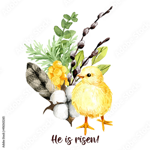 Easter composition with willow, chick and feather