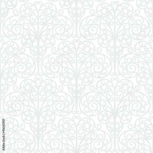 Damask seamless vector pattern. Classic vintage damask ornament, royal victorian geometric seamless pattern for wallpaper, textile, packaging. Floral baroque pattern, gray background 