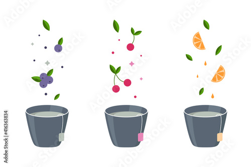 Vector illustration set of three cups of green and herbal tea with different fruit and berry flavors. Cherry flavor, blueberry flavor and orange flavor.