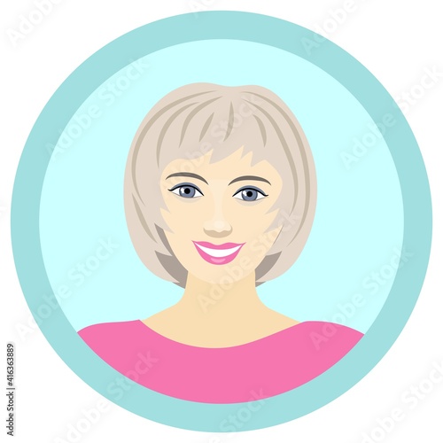 cute smiling girl. the blonde. character. avatar. portrait. drawing in color by hand. round sticker.