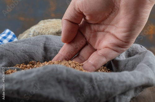 Hand taking raw buckwheat from gray cloth