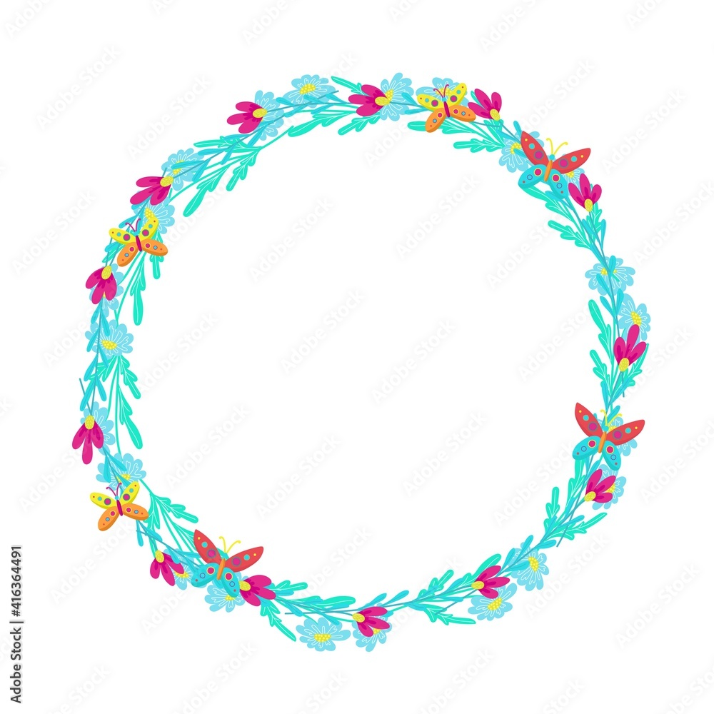 Round frame of daisies decorated with butterflies. Round frame of daisies decorated with butterflies.