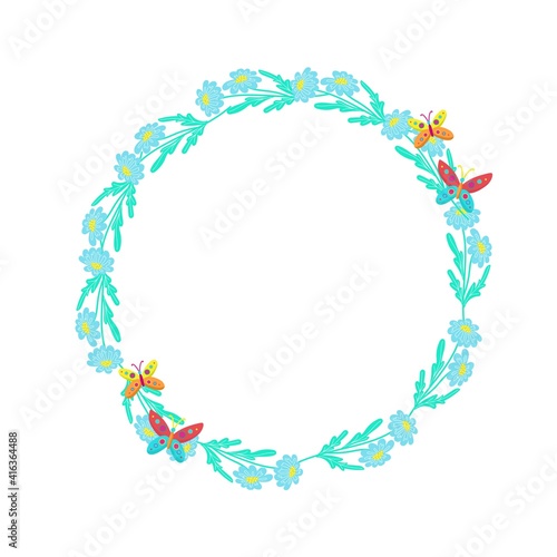 Round frame of daisies decorated with butterflies.