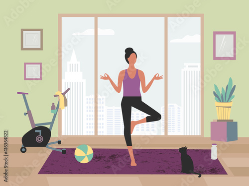 Girl training yoga stay at home vector