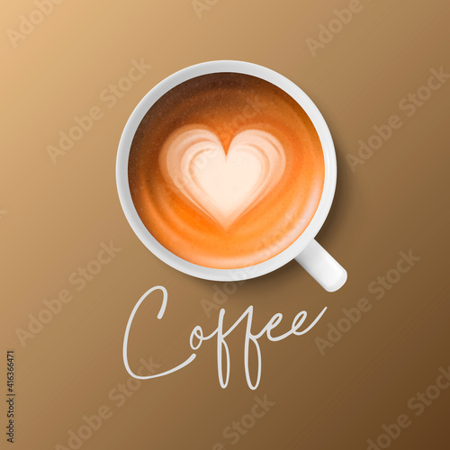 Vector 3d Realistic Ceramic White Porcelain Ceramic Coffee Mug, Cup Closeup Isolated on Brown Background. Foam Coffee, Capuccino, Latte. Flower, Heart Pattern. Design Template. Top View
