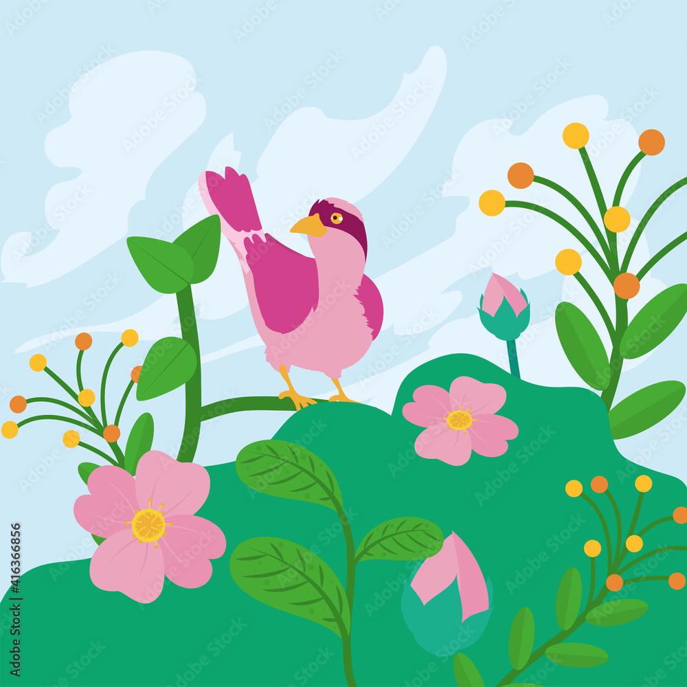 Spring pink bird with flowers vector design Spring pink bird with flowers vector design