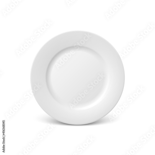 Vector 3d Realistic Glossy White Food Empty and Blank Porcelain Ceramic Plate Closeup Isolated on White Background. Design Template, Mock up. Front View