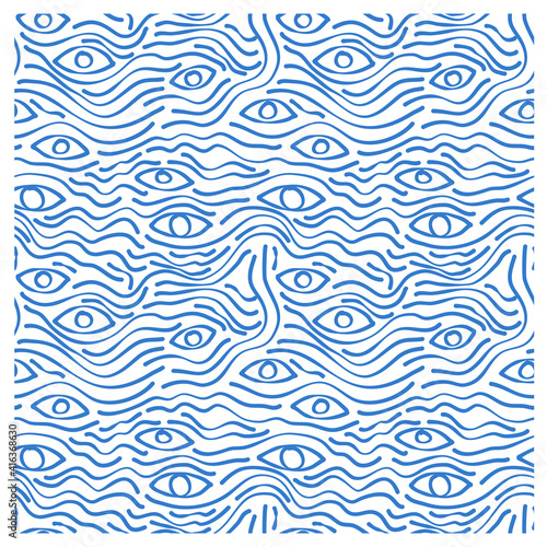 Pattern of waves and silhouette eyes. Design for backdrops with sea, rivers or water texture. Repeating texture. Figure for textiles. © Dzianis